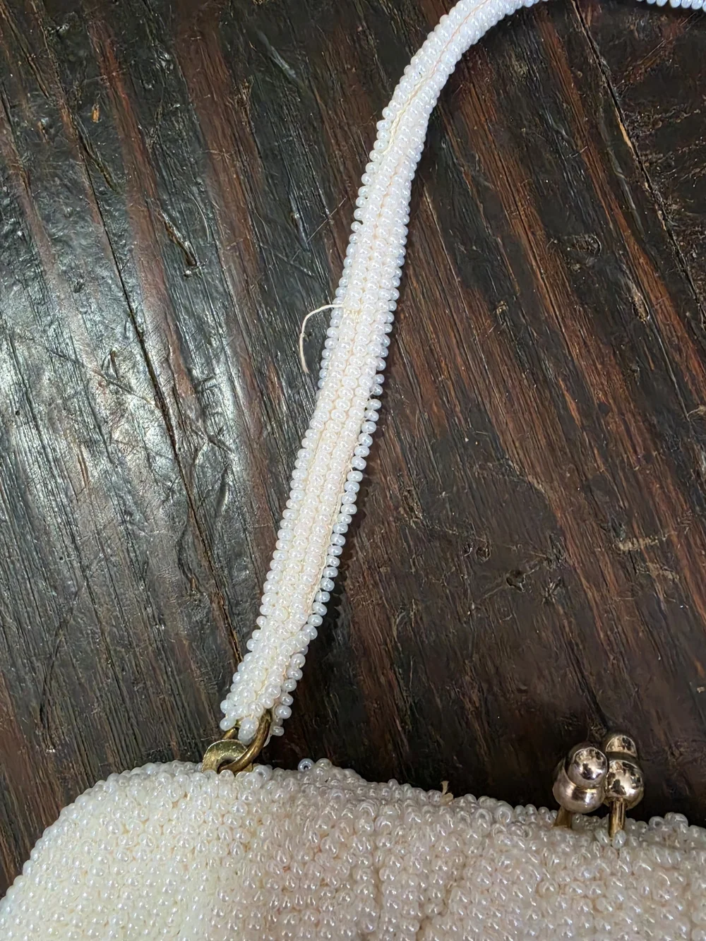 Ivory Beaded Evening Clutch with Pearl Handle